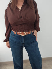 Blusa de escote en V y cintura elástica