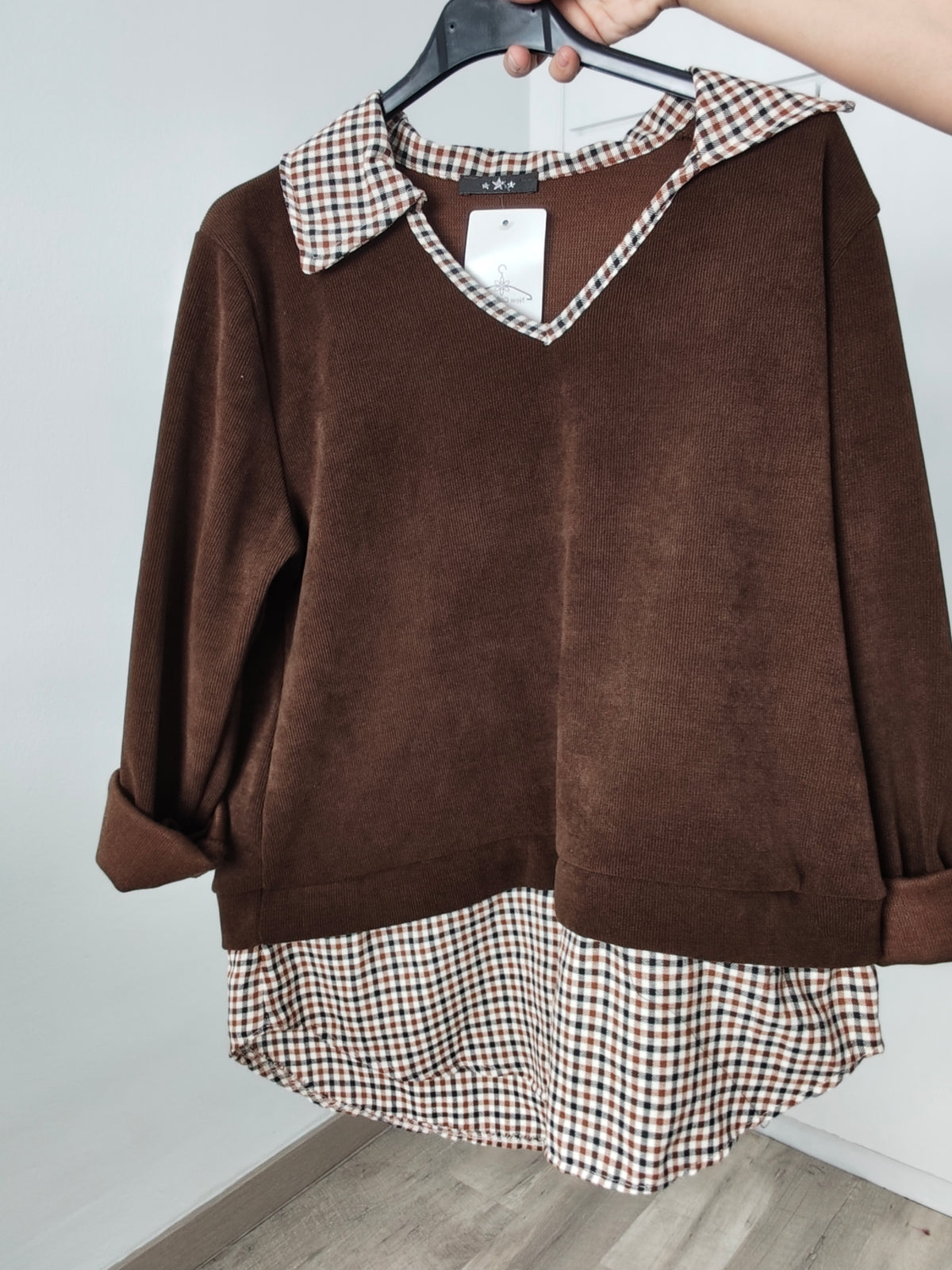 Sudadera de Pana con Cuello de Cuadros