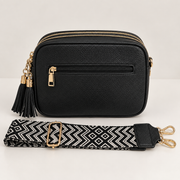 Bolso Bandolera Negro con Correa Estampada