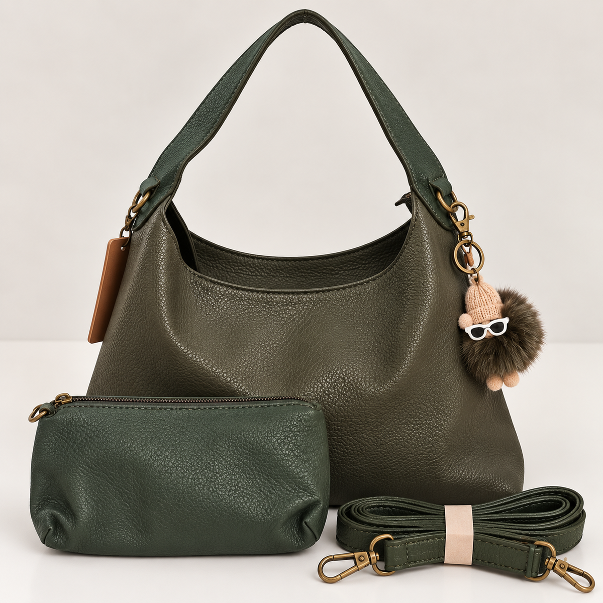 Conjunto de Bolsos Verde Caqui con Llavero
